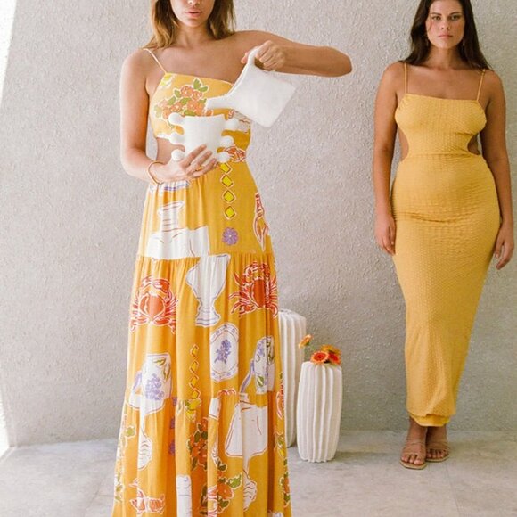 🦀 SABO Aliza Assymmetrical Cut-Out Fit and Flare Maxi Dress Ciao Yellow Print S - Picture 3 of 16
